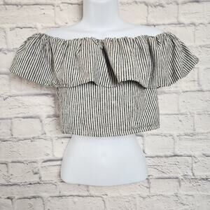 A New Day Top Size Medium Gray Linen Blend Stripe Ruffle Sleeve Off Shoulder